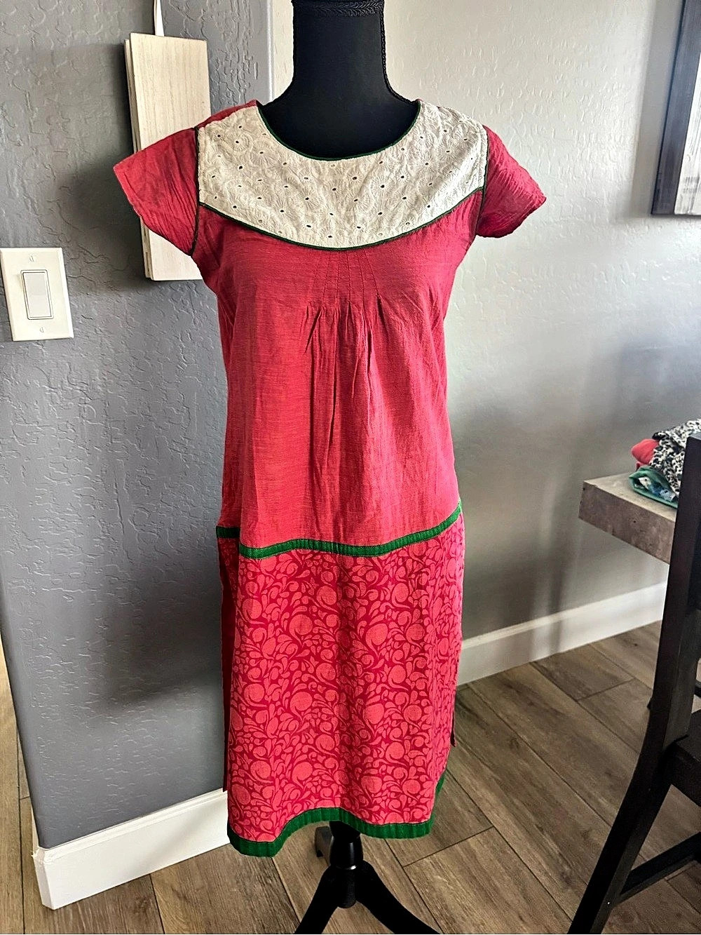 Floral Embroidered Midi Dress in Pink & Green Like New
